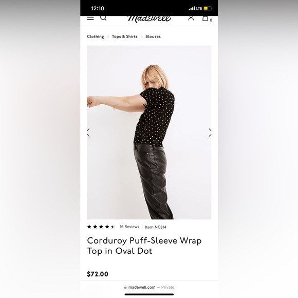 Madewell NWOT Corduroy Puff-Sleeve Wrap Top in Oval Dot size small - Picture 5 of 9